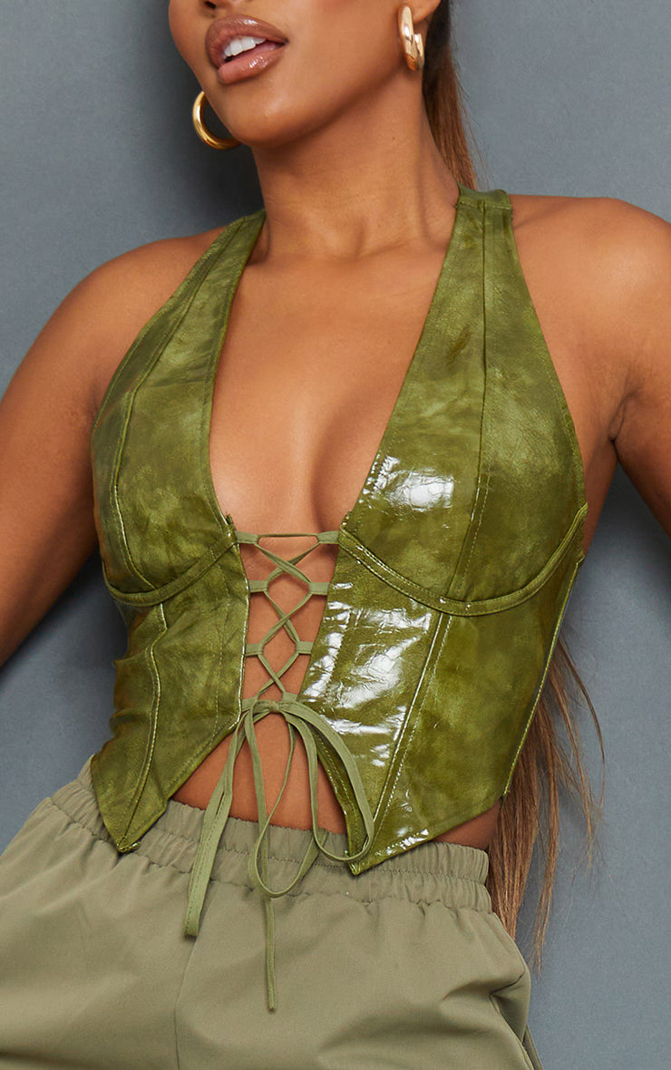 SELVINA Faux Leather Halterneck Top