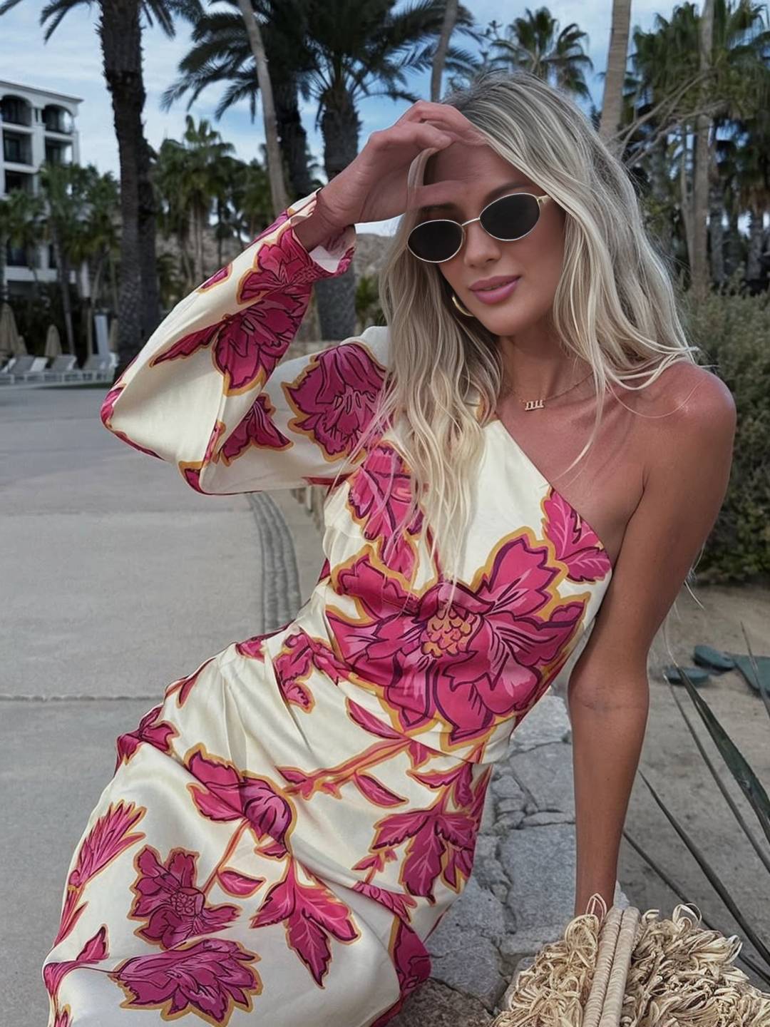 Solea – One Shoulder Satin Floral Maxi Dress