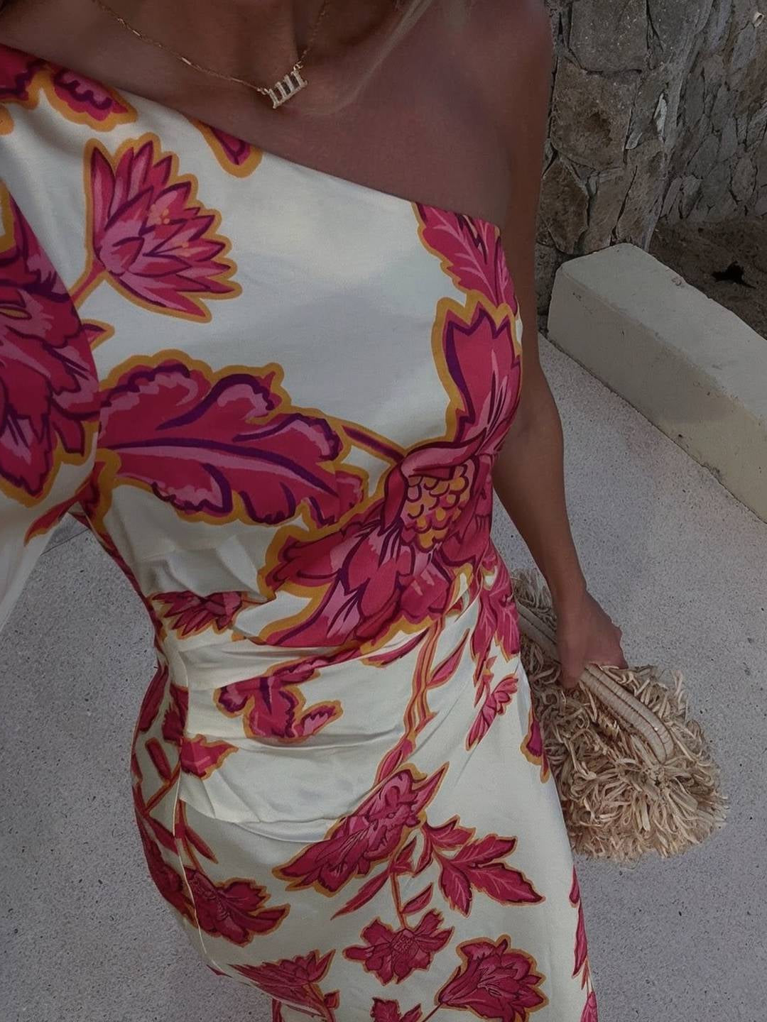 Solea – One Shoulder Satin Floral Maxi Dress