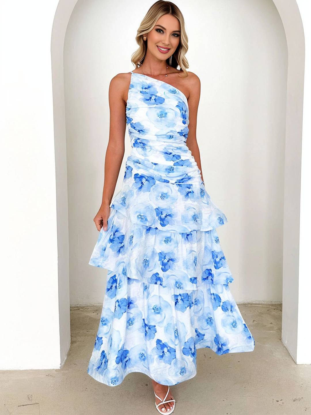 LORINDA - One-Shoulder Floral Ruffle Maxi Dress