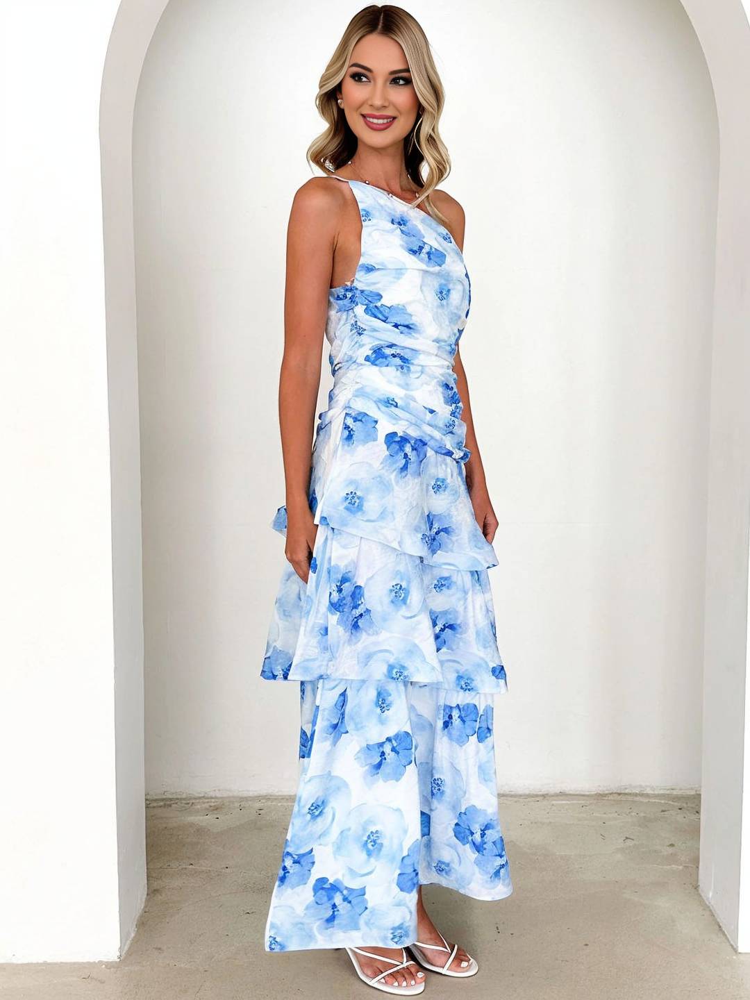 LORINDA - One-Shoulder Floral Ruffle Maxi Dress
