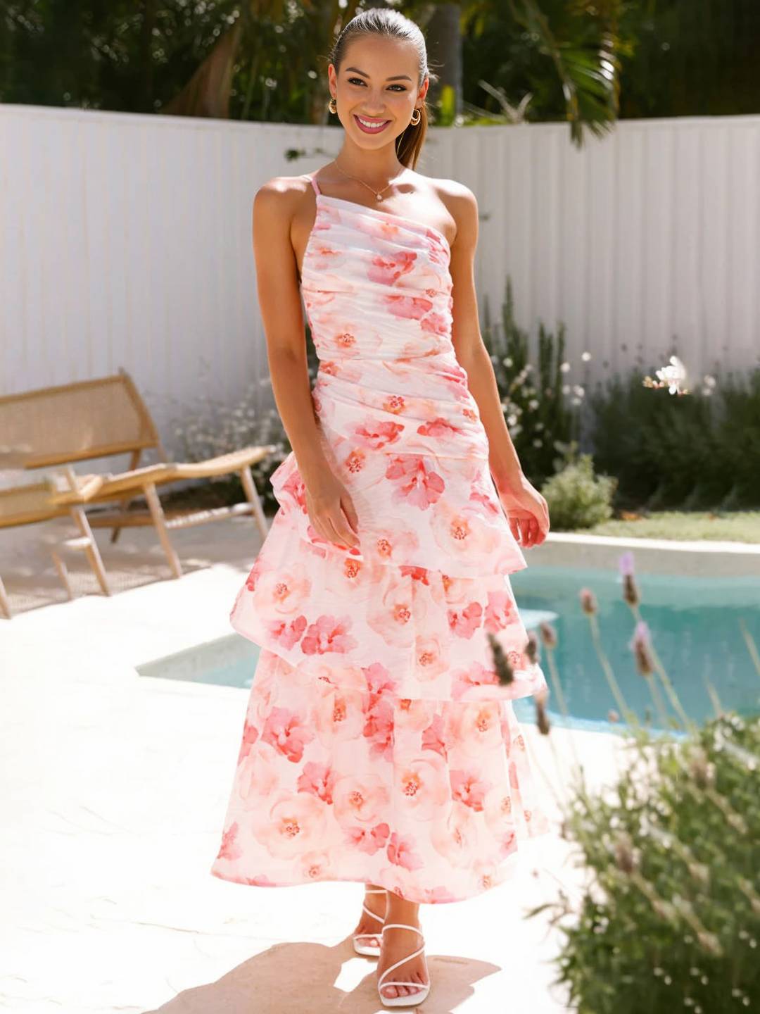 LORINDA - One-Shoulder Floral Ruffle Maxi Dress
