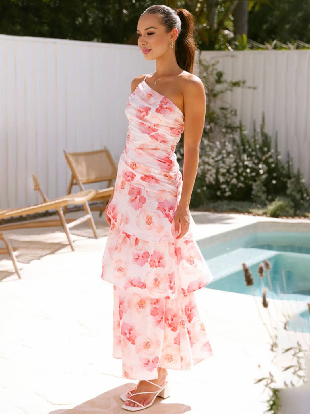 LORINDA - One-Shoulder Floral Ruffle Maxi Dress