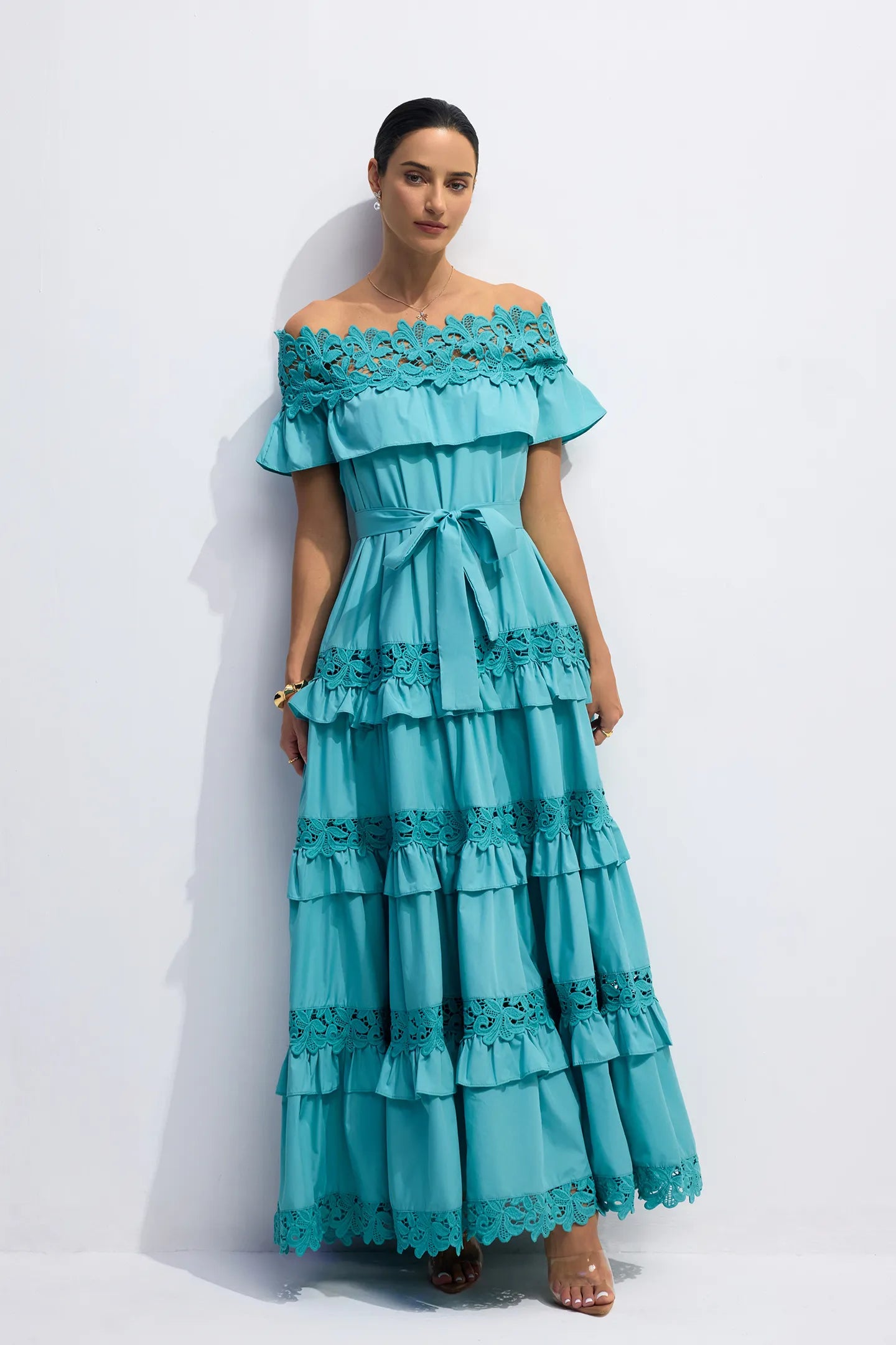 ALVÉA Off-Shoulder Layered Cotton Maxi Dress