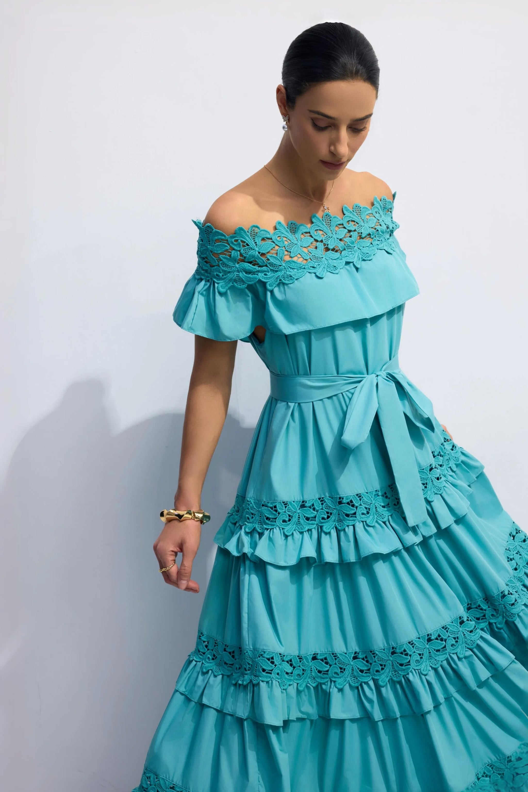 ALVÉA Off-Shoulder Layered Cotton Maxi Dress