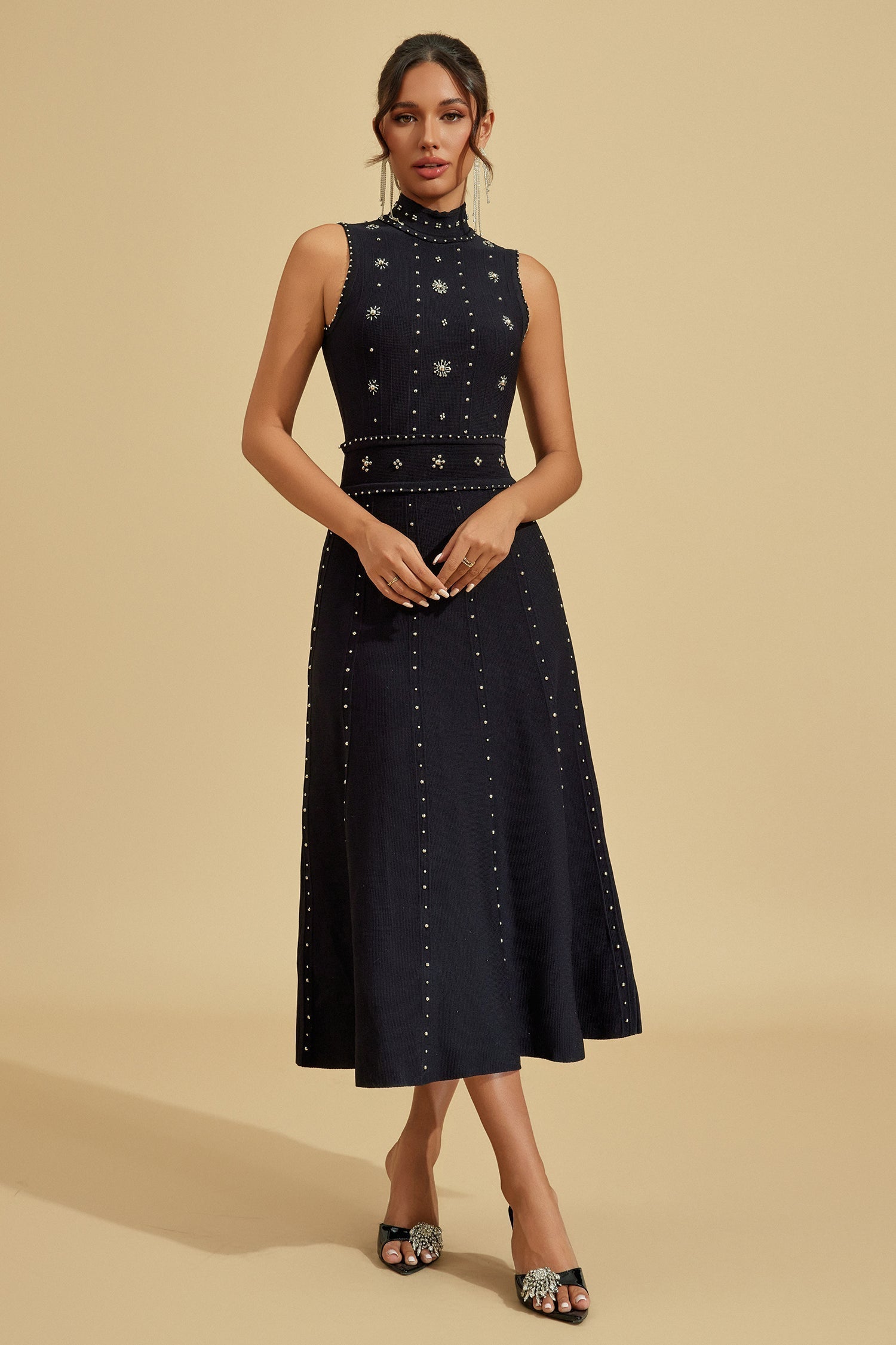 VIENNA Embellished High Neck Midi Dress