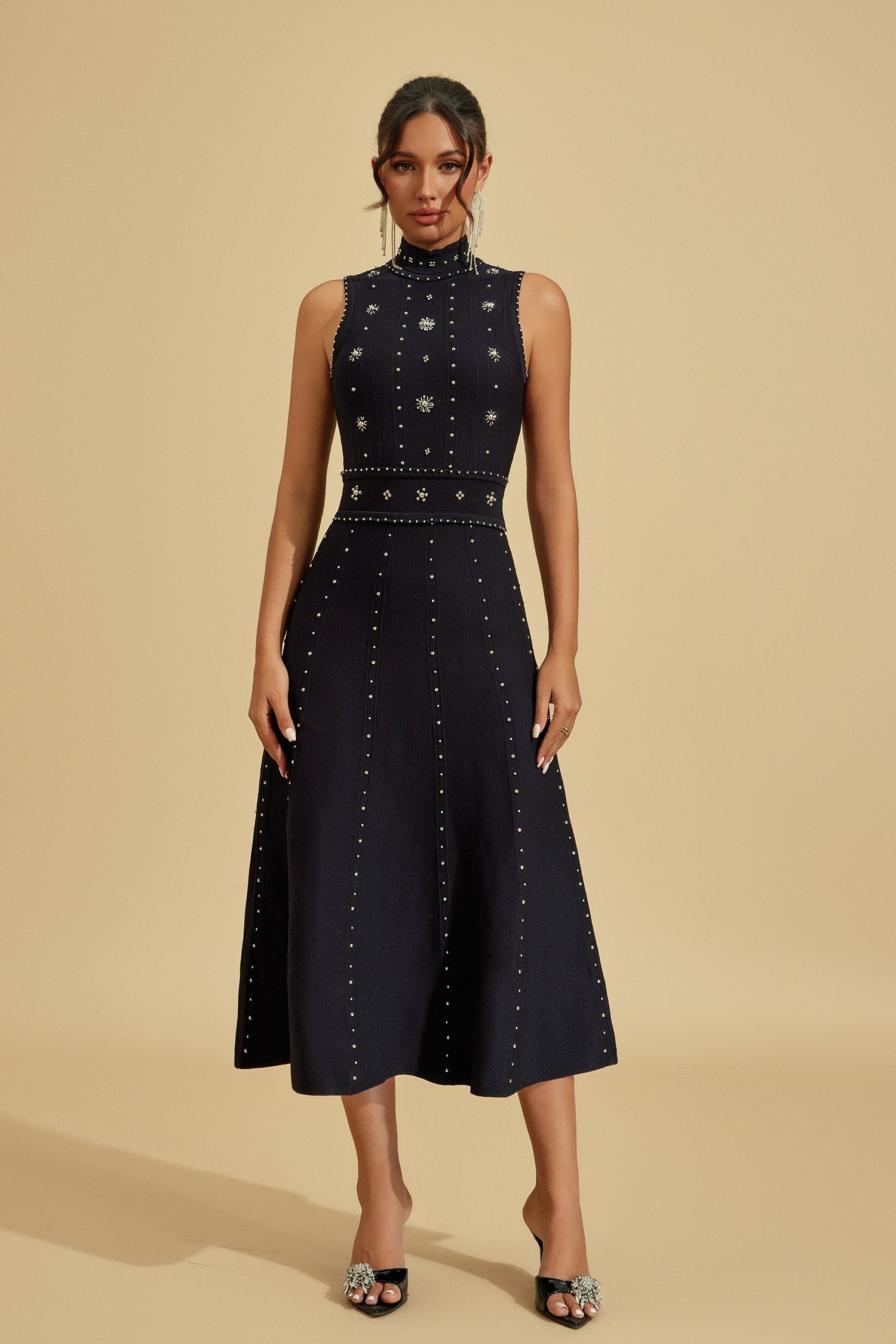 VIENNA Embellished High Neck Midi Dress