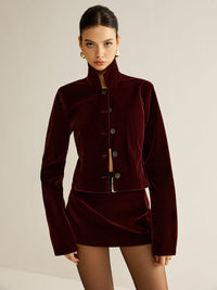 Velvet Collared Jacket & Mini Skirt Set