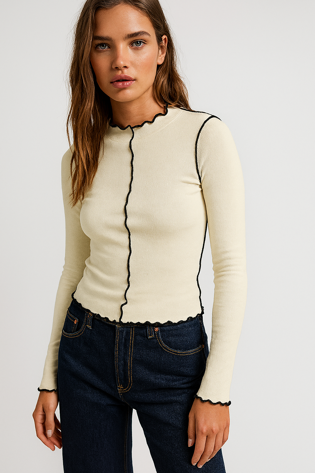 ELVANA Contrast Trim Top