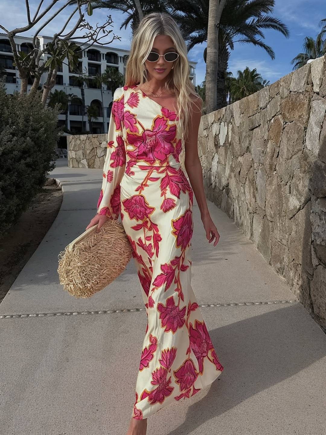 Solea – One Shoulder Satin Floral Maxi Dress