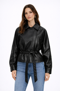 MARVENA Leather Look Peplum Jacket