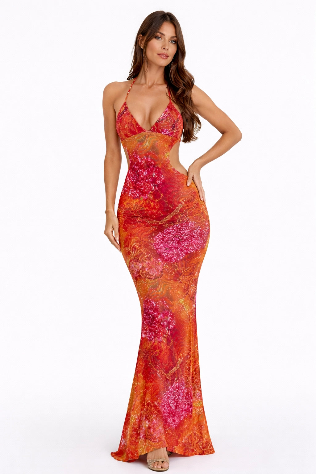 AURÉSSA Golden Crystal Maxi Dress 