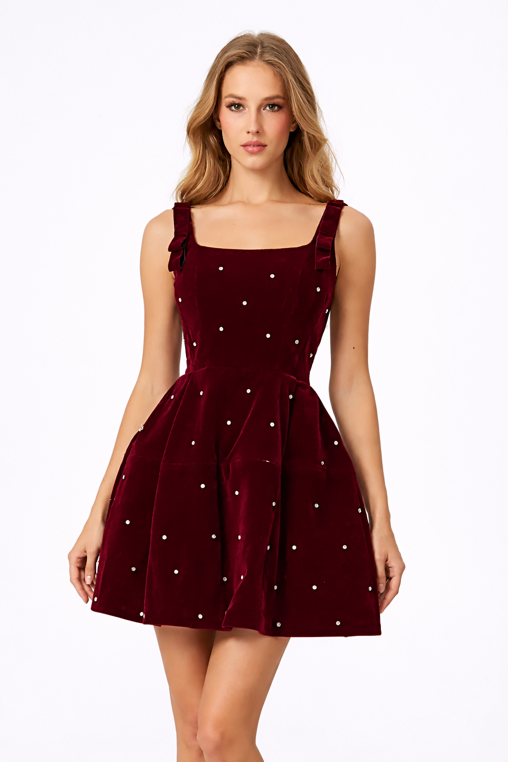 CROWN Crystal Embellished Square Neck Mini Dress