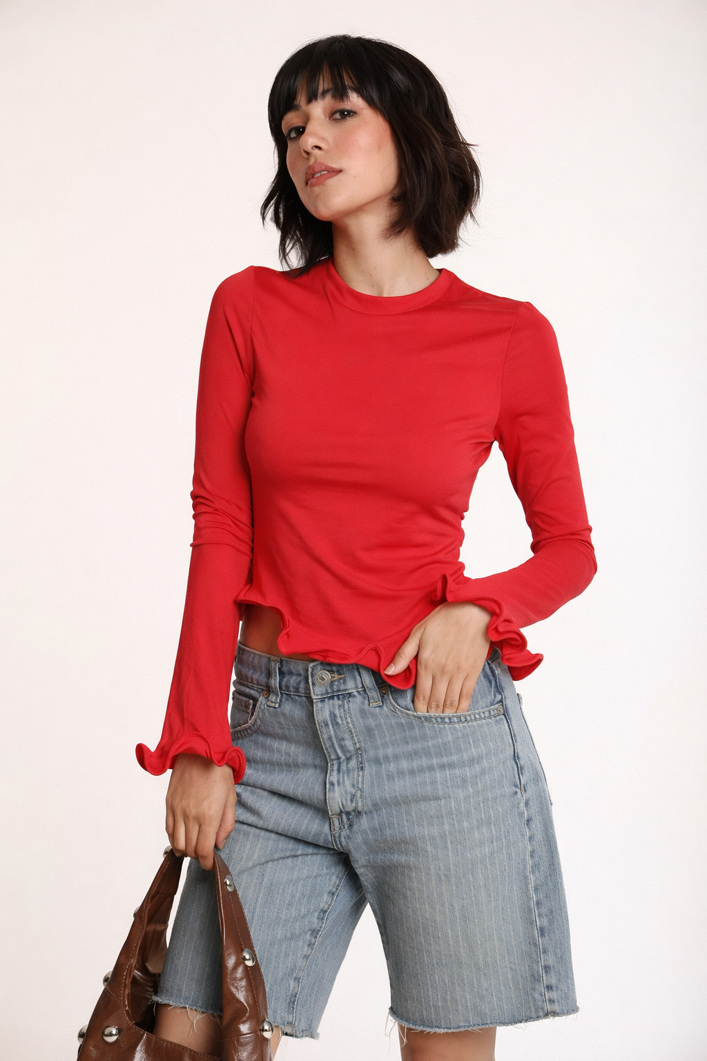VIRELLA Asymmetric Crew Neck Swirl Top