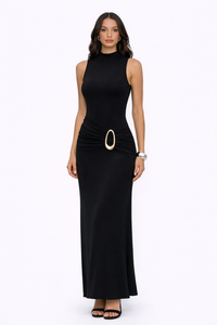 HALO High Neck Ruched Maxi Dress With Gold Detail
