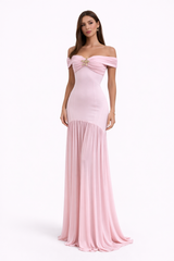 ROSETTE Off Shoulder Draped Maxi Dress With Brooch Detail