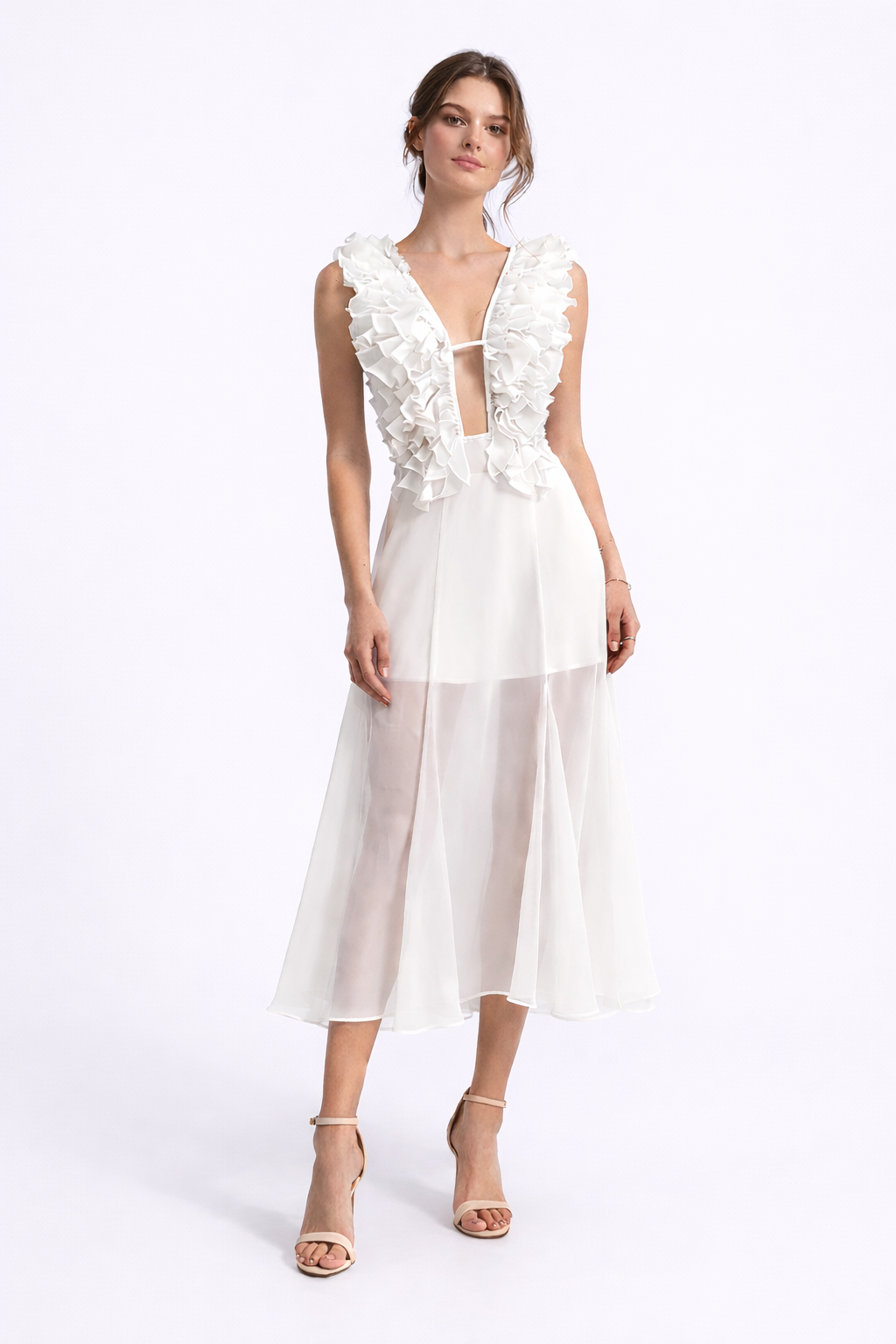 ANGELIQUE Ruffled Plunge Maxi Dress With Sheer Skirt