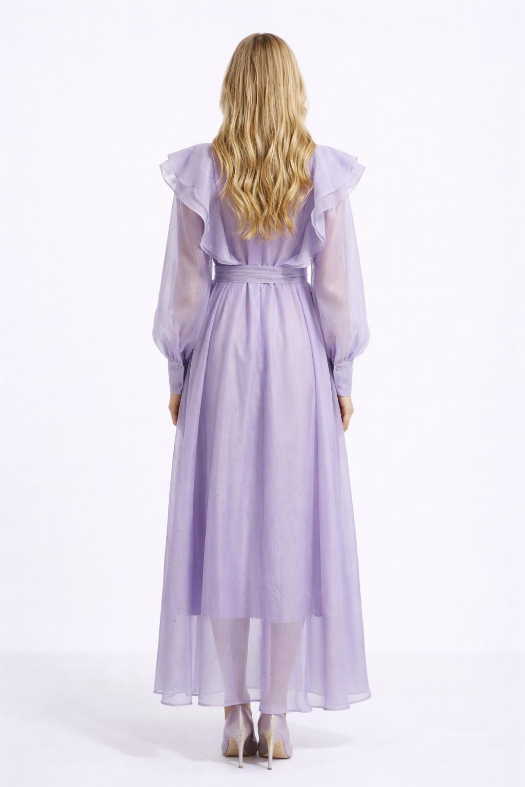 WISTERIA Ruffled Button Front Maxi Dress With Waist Tie