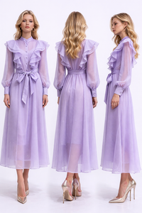 WISTERIA Ruffled Button Front Maxi Dress With Waist Tie