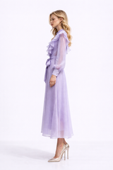 WISTERIA Ruffled Button Front Maxi Dress With Waist Tie