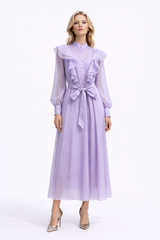 WISTERIA Ruffled Button Front Maxi Dress With Waist Tie