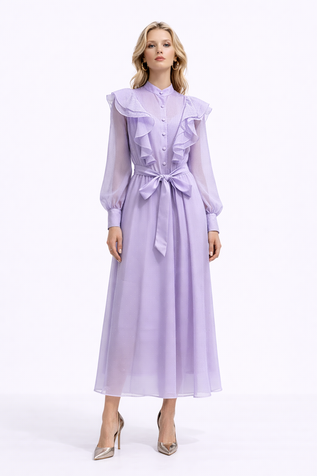 WISTERIA Ruffled Button Front Maxi Dress With Waist Tie