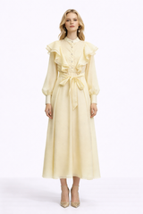 WISTERIA Ruffled Button Front Maxi Dress With Waist Tie