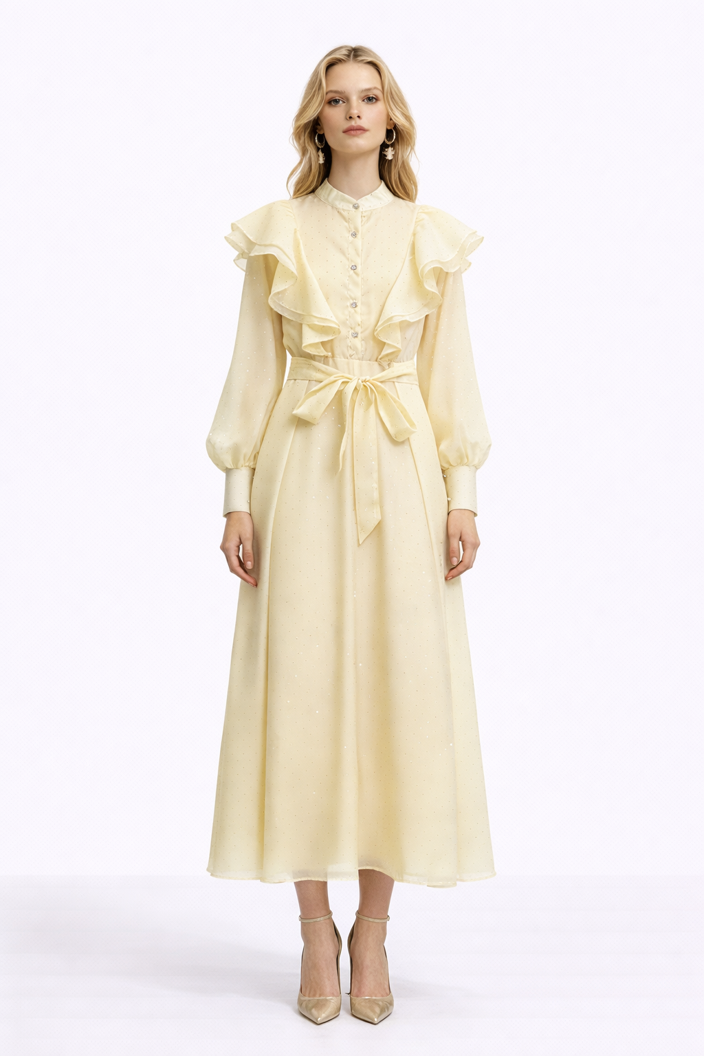 WISTERIA Ruffled Button Front Maxi Dress With Waist Tie