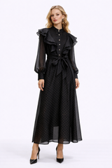 WISTERIA Ruffled Button Front Maxi Dress With Waist Tie