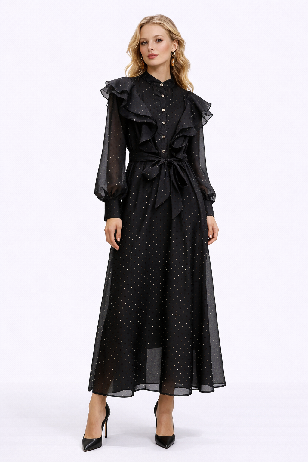 WISTERIA Ruffled Button Front Maxi Dress With Waist Tie