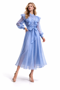 WISTERIA Ruffled Button Front Maxi Dress With Waist Tie