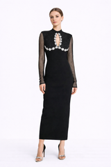 VELORA Embellished High Neck Maxi Dress With Sheer Sleeves
