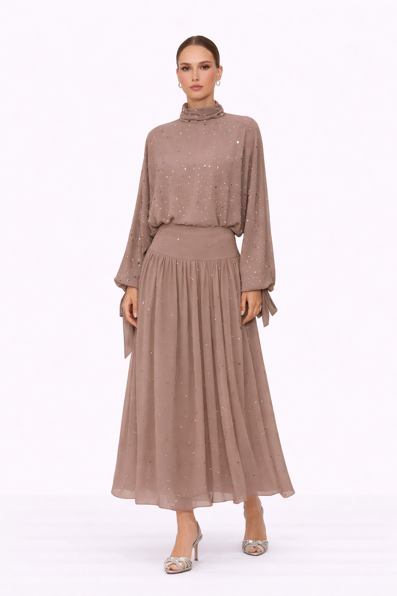 STARDUST High Neck Embellished Maxi Dress With Sheer Skirt