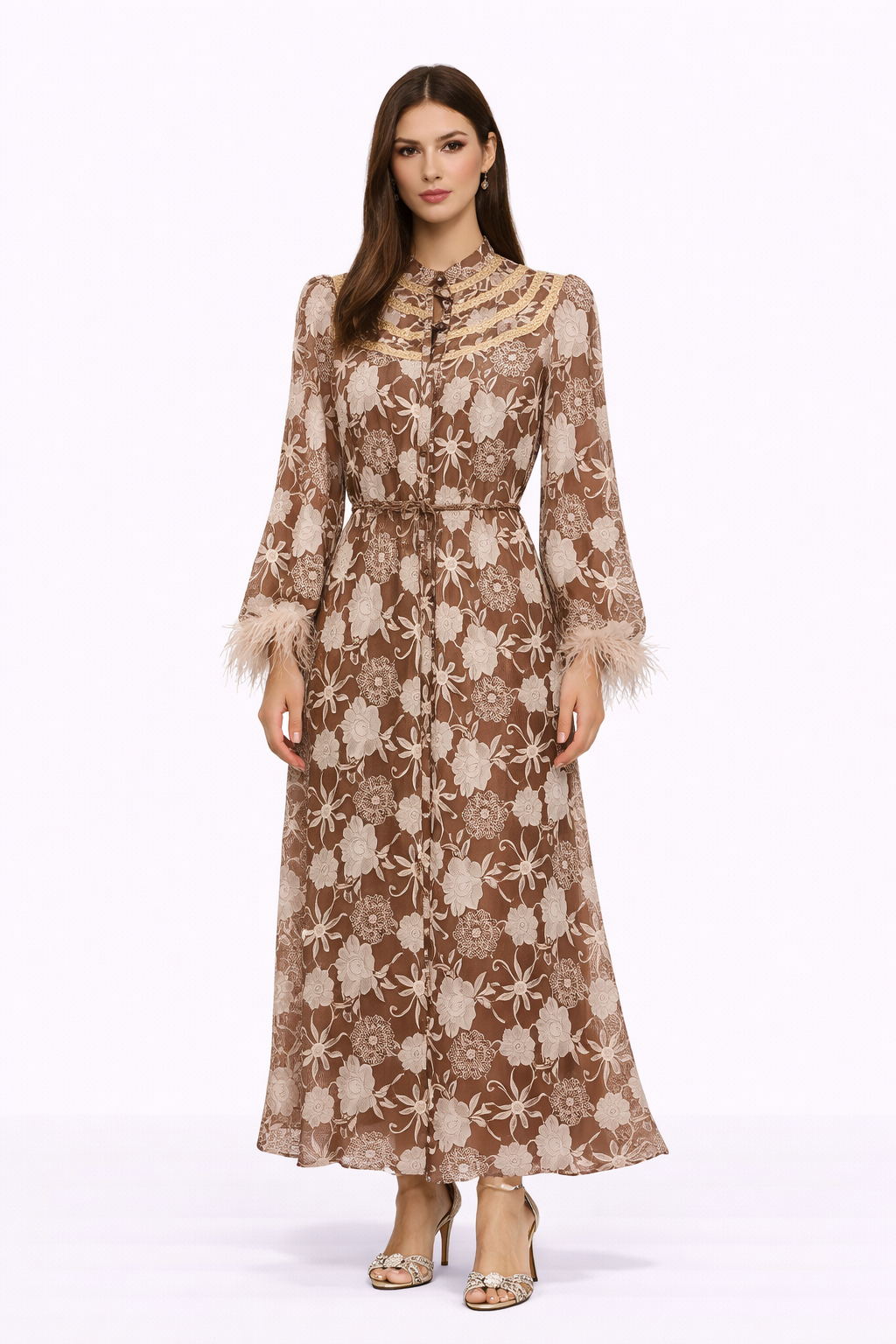 HEIRLOOM Embroidered Button Front Maxi Dress With Feather Cuffs