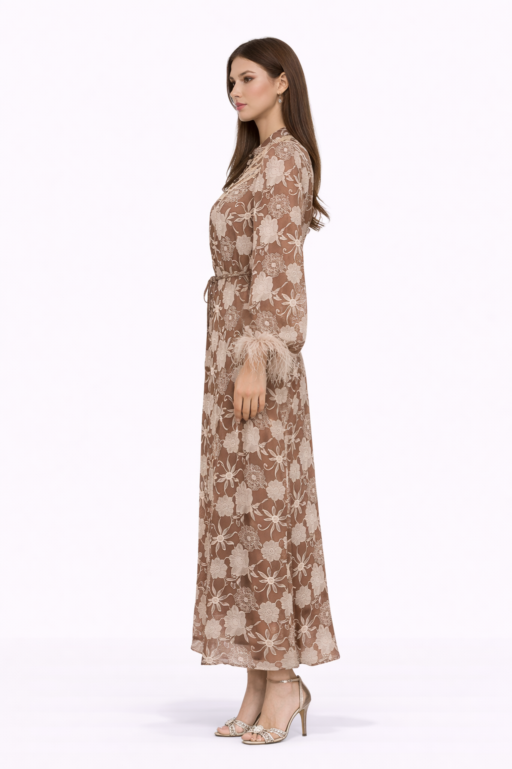 HEIRLOOM Embroidered Button Front Maxi Dress With Feather Cuffs
