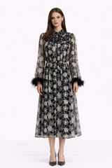 HEIRLOOM Embroidered Button Front Maxi Dress With Feather Cuffs