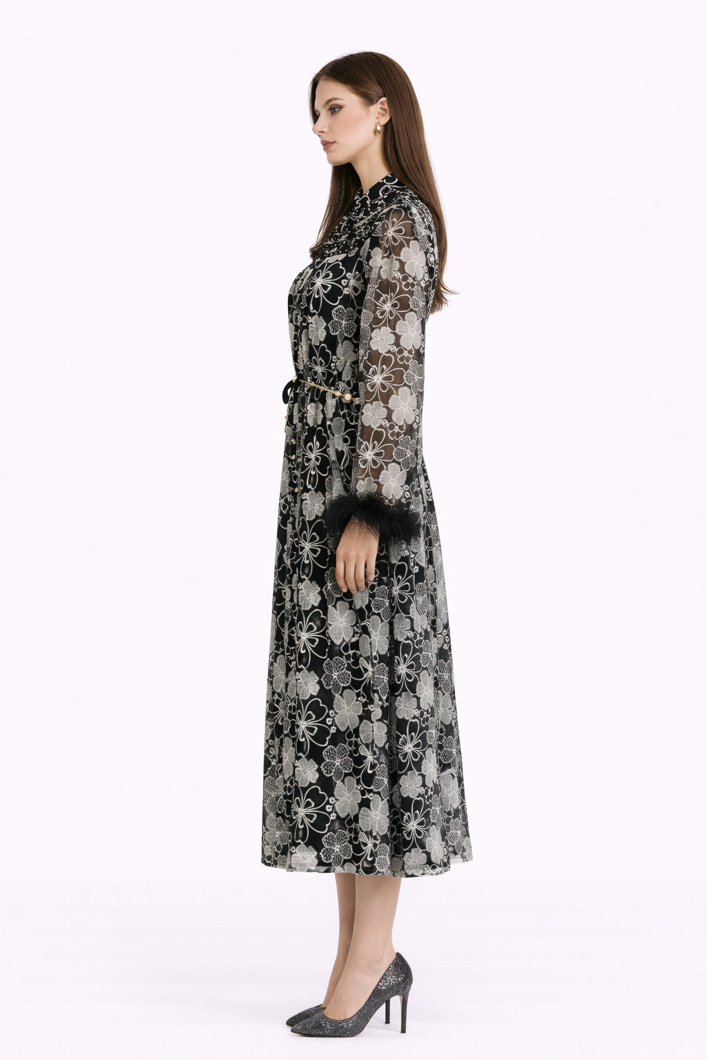 HEIRLOOM Embroidered Button Front Maxi Dress With Feather Cuffs