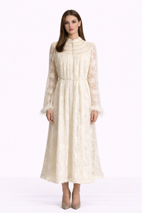 HEIRLOOM Embroidered Button Front Maxi Dress With Feather Cuffs