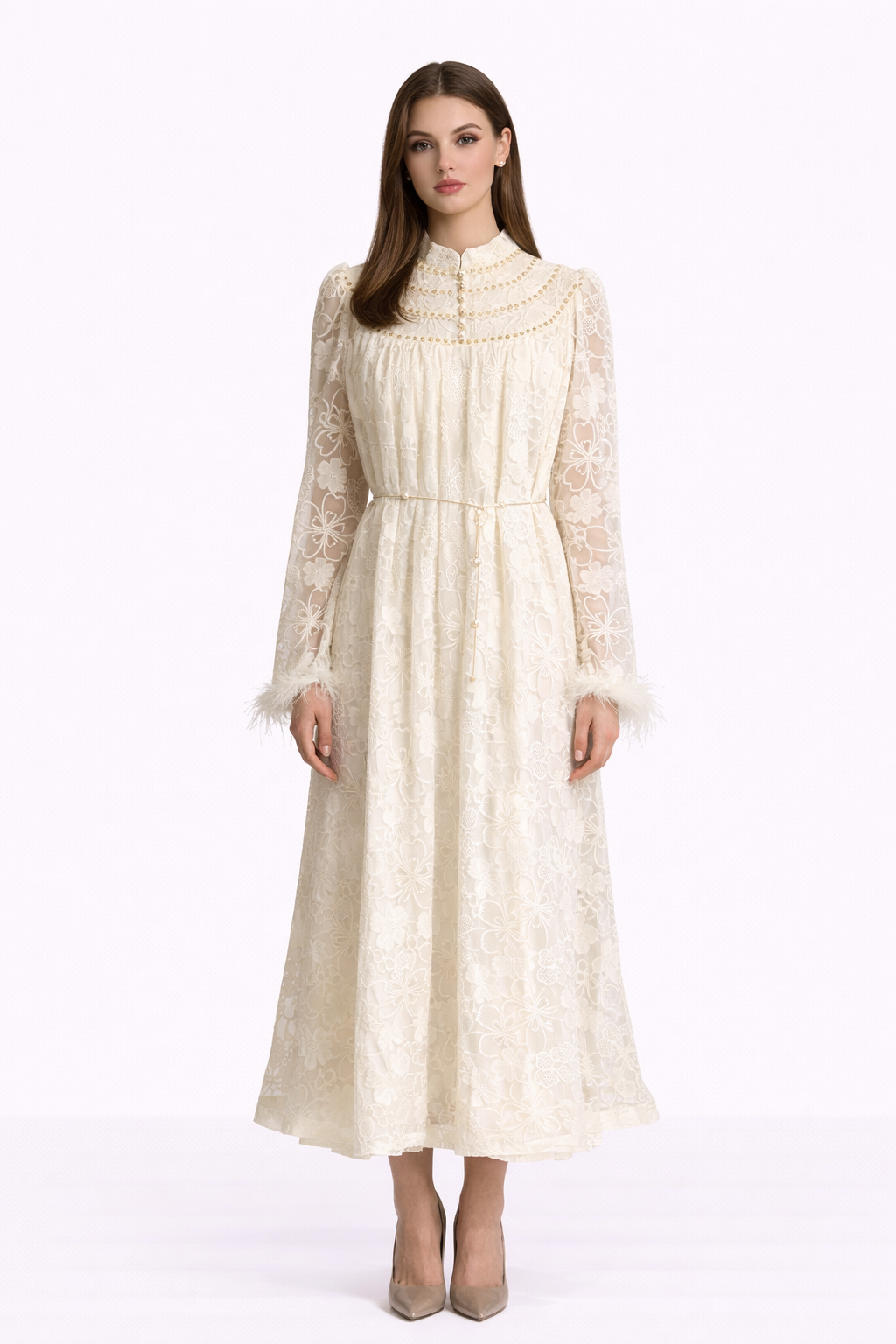 HEIRLOOM Embroidered Button Front Maxi Dress With Feather Cuffs