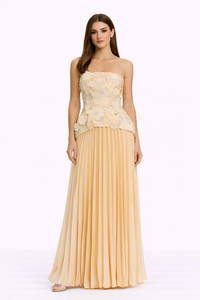 GARDENIA Strapless Floral Appliqué Maxi Dress With Pleated Skirt