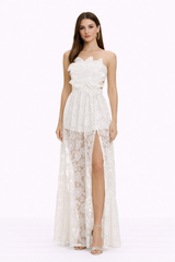 FLEUR Strapless Floral Lace Maxi Dress With High Slit