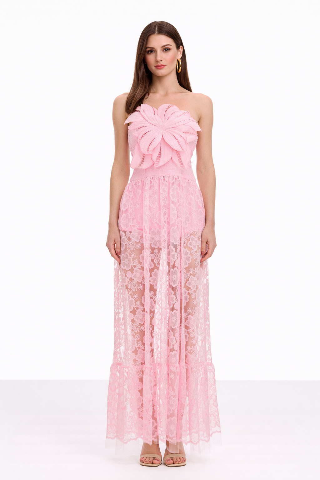 FLEUR Strapless Floral Lace Maxi Dress With High Slit