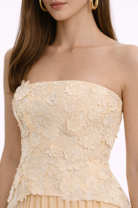 GARDENIA Strapless Floral Appliqué Maxi Dress With Pleated Skirt