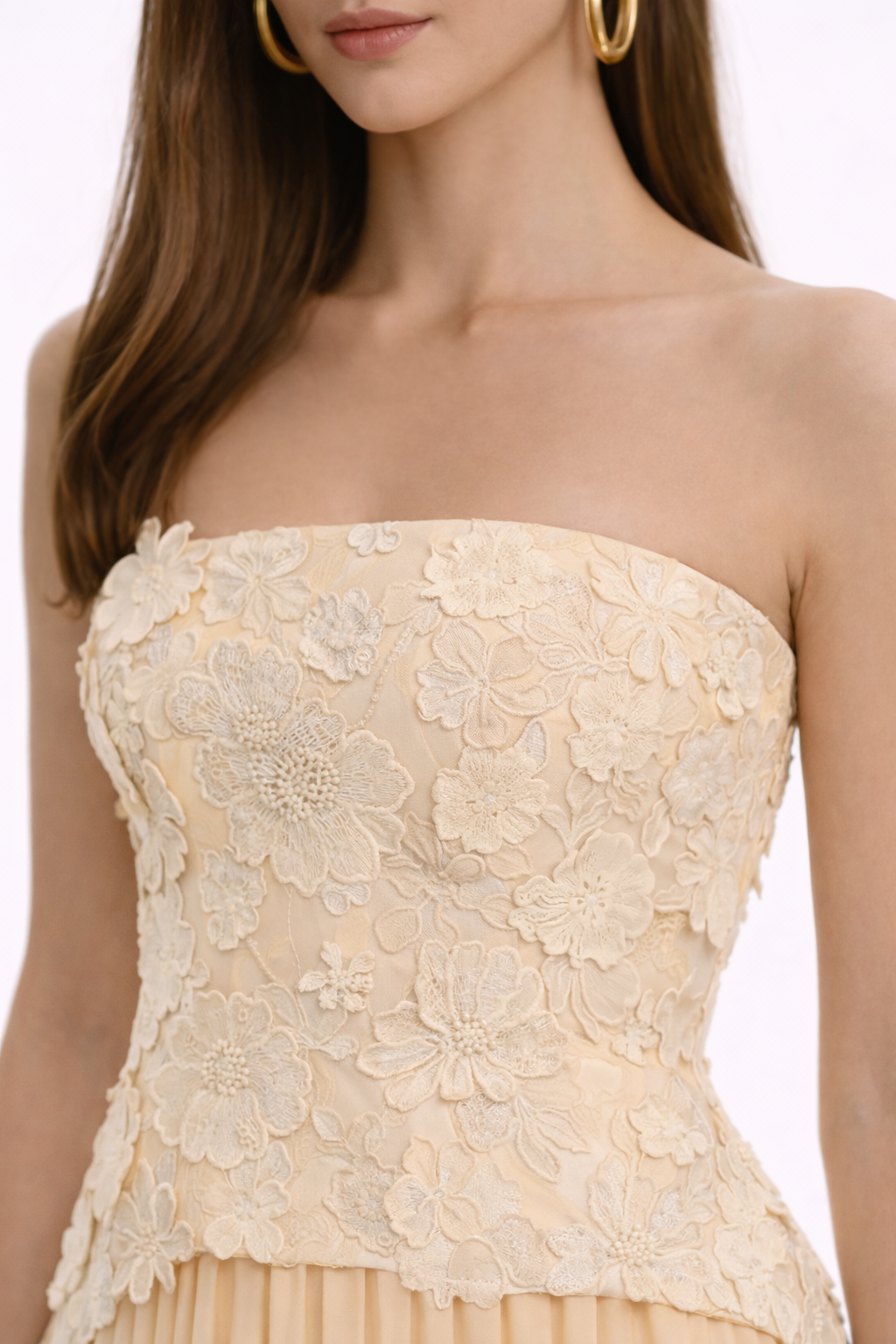 GARDENIA Strapless Floral Appliqué Maxi Dress With Pleated Skirt