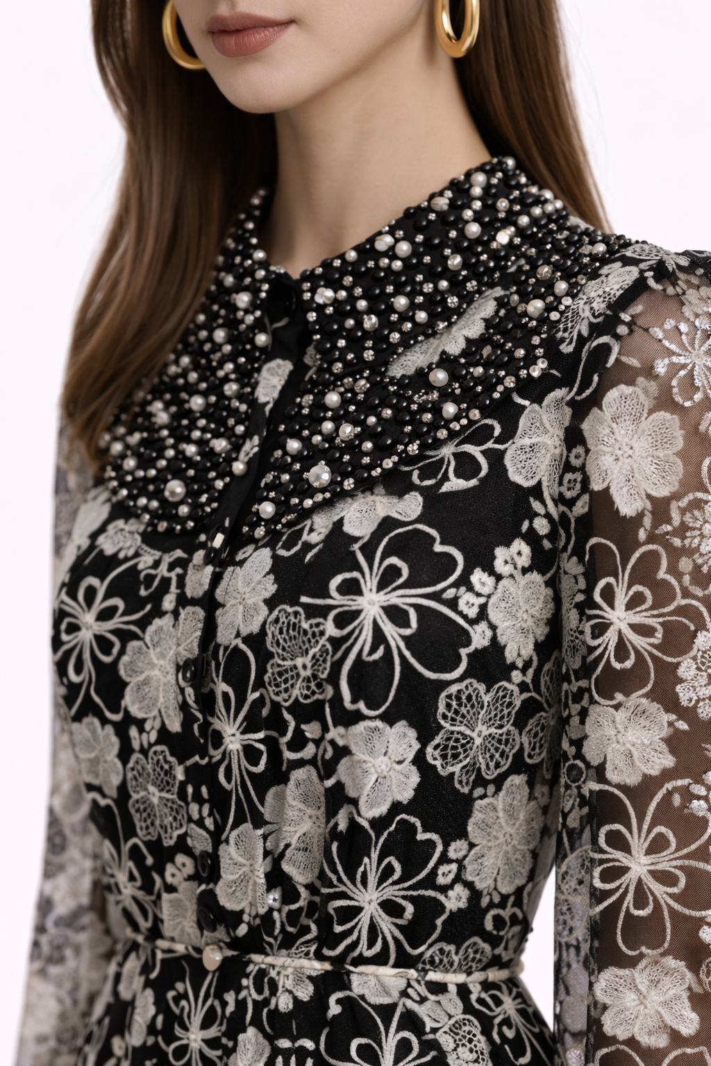 HEIRLOOM Embroidered Button Front Maxi Dress With Feather Cuffs