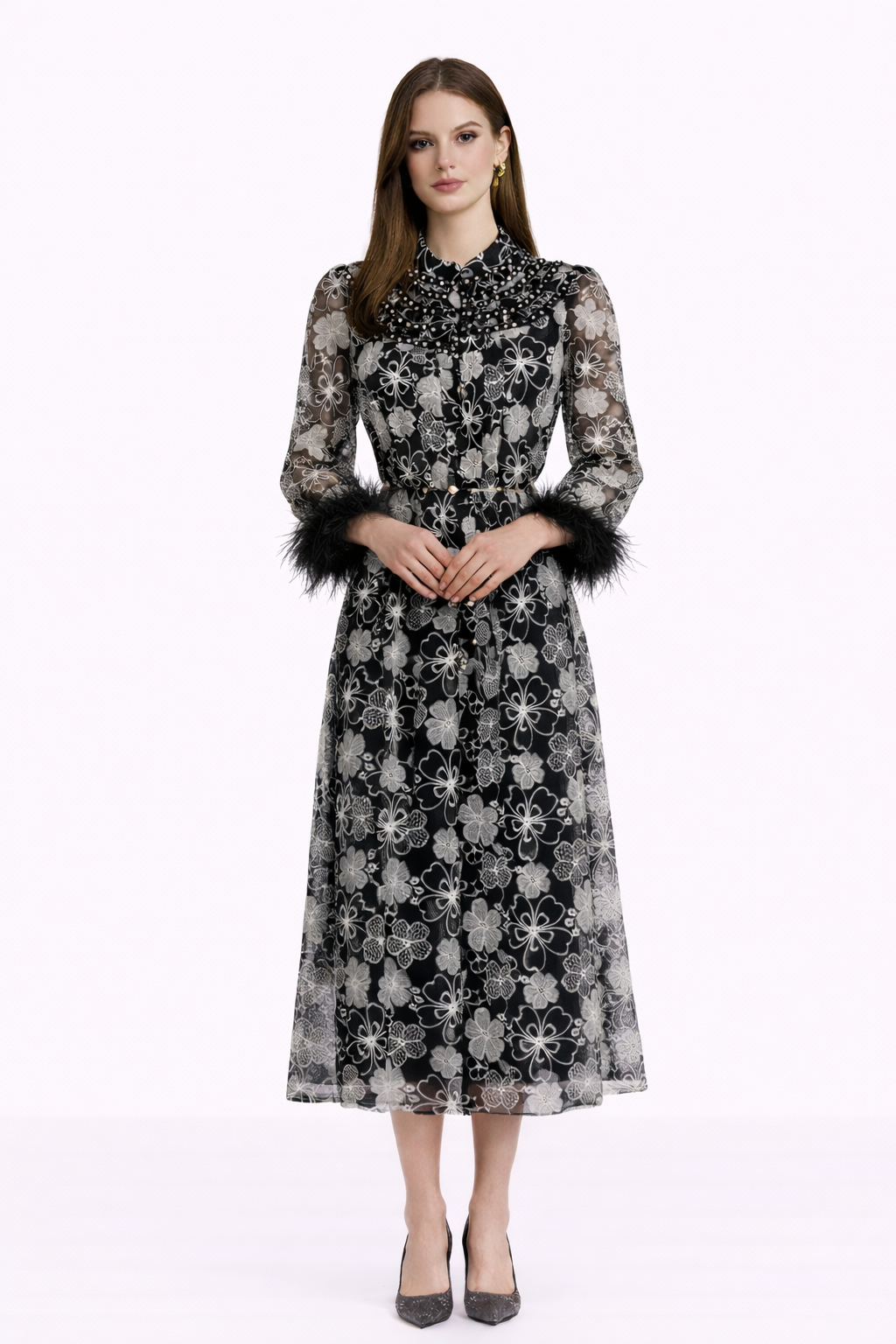 HEIRLOOM Embroidered Button Front Maxi Dress With Feather Cuffs