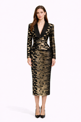 NOIRÉ Structured Blazer And Midi Skirt Set With Metallic Pattern