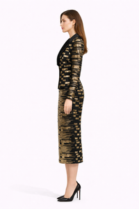 NOIRÉ Structured Blazer And Midi Skirt Set With Metallic Pattern