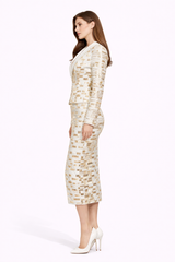 NOIRÉ Structured Blazer And Midi Skirt Set With Metallic Pattern