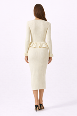 ELOISE Ribbed Peplum Top And Midi Skirt Set With Button Detail